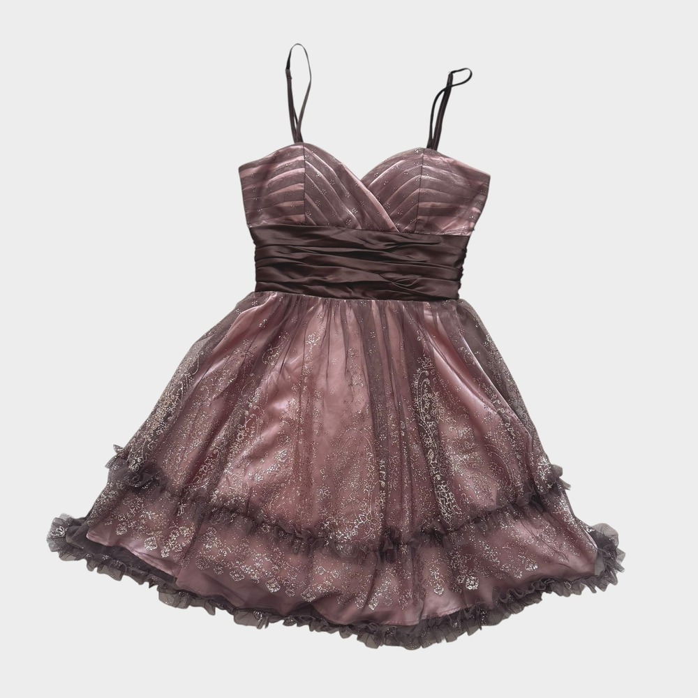 Morgan & Co Pink Brown Glitter Tulle Ruffle Party Dress sz 1/2 Fairycore HOCO